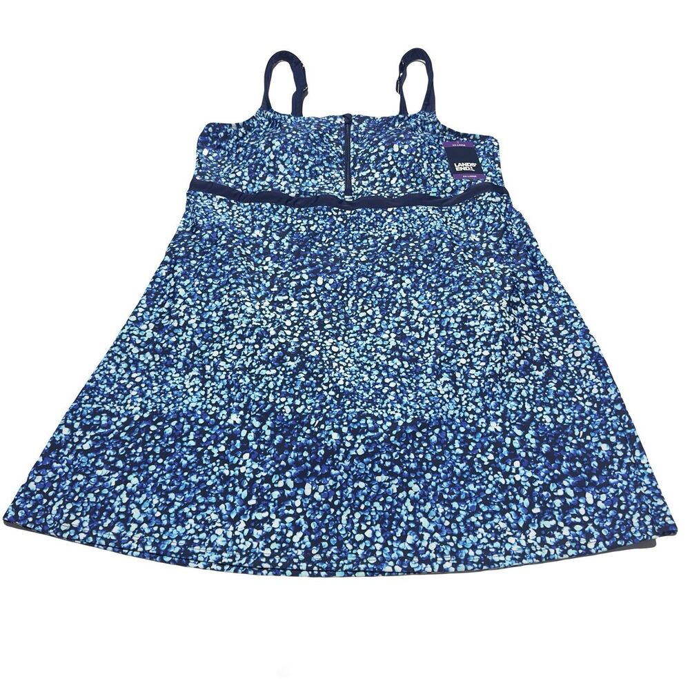 Lands End Swim Dress Womens XXL Blue Mosaic Zip Front Resort Modest Vacation NWT